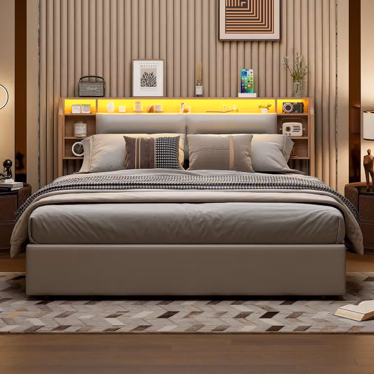 Letto 160x200 cm con rete a doghe, contenitore a LED e testata con 3 scomparti -Poliuretanobianco, funzione di sollevamento idraulico, ideale per camere moderne