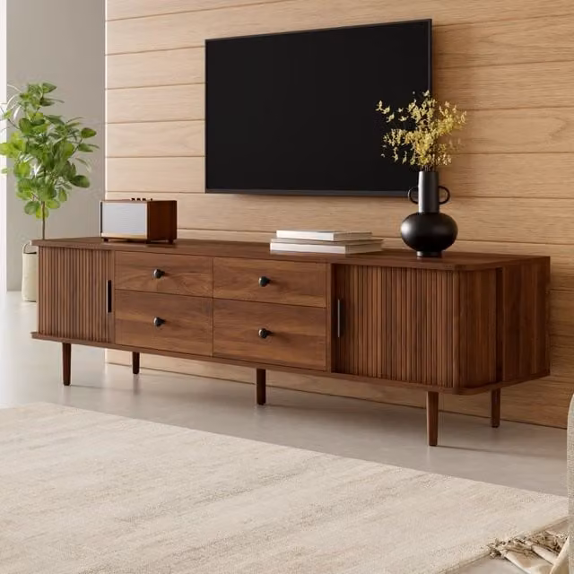 Mobile TV con 4 cassetti e 2 ante scorrevoli in MDF color noce gambe in legno 165 × 40 × 46 cm