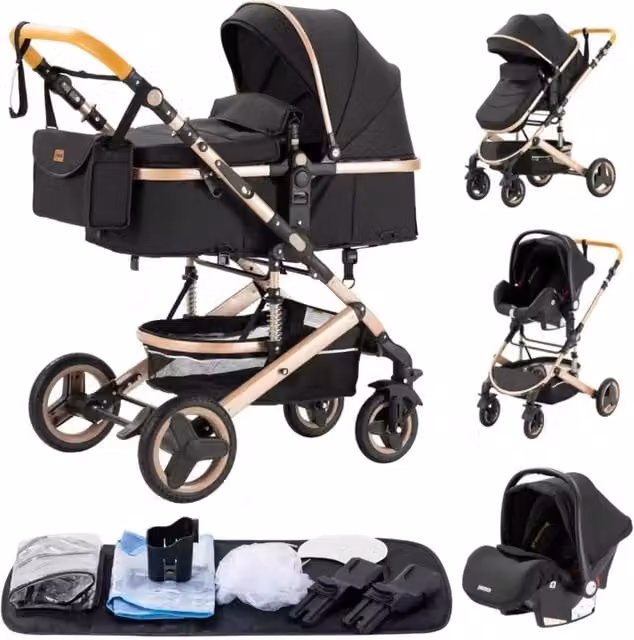 Passeggino 3 in 1 Tech Service in alluminio nero con ovetto, seggiolino e navicella, pieghevole con una mano e sospensioni