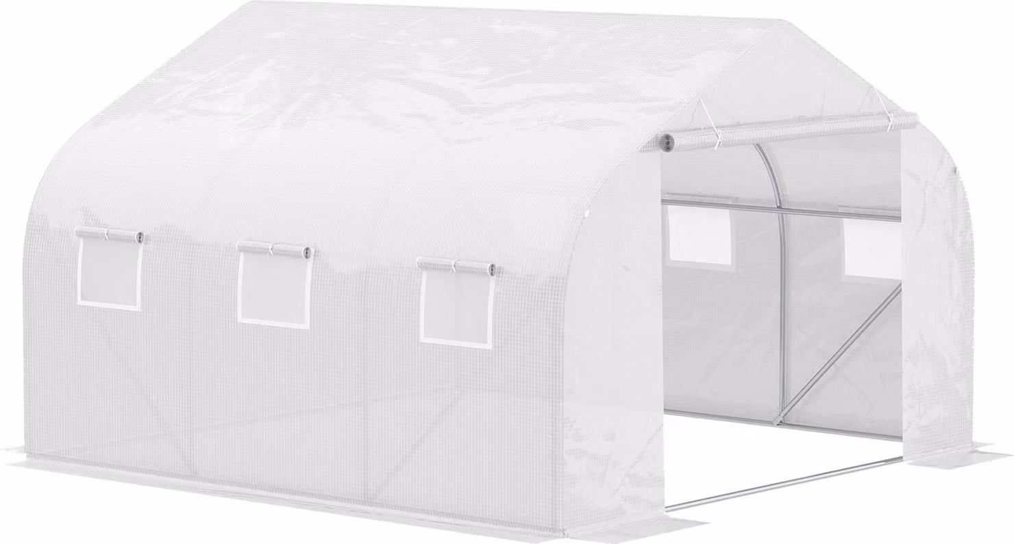Serra tunnel Moonbite, dimensioni 445 x 300 x 205 cm, serra per pomodori accessibile, con 6 finestre in rete apribili, telo rinforzato, trasmissione della luce dell'85%, metallo, colore bianco