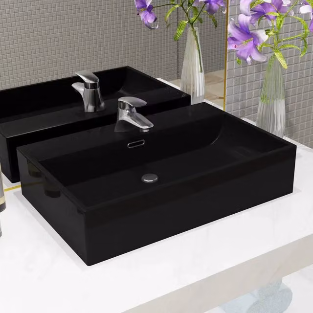 Lavandino in ceramica con foro per rubinetto vidaXL nero L: 76 cm, P: 42,5 cm, H: 14,5 cm