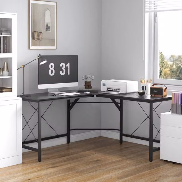 Scrivania angolare a L Mivray moderna con piano in MDF laminato nero e struttura in metallo L/P/H: 150 x 150 x 76 cm