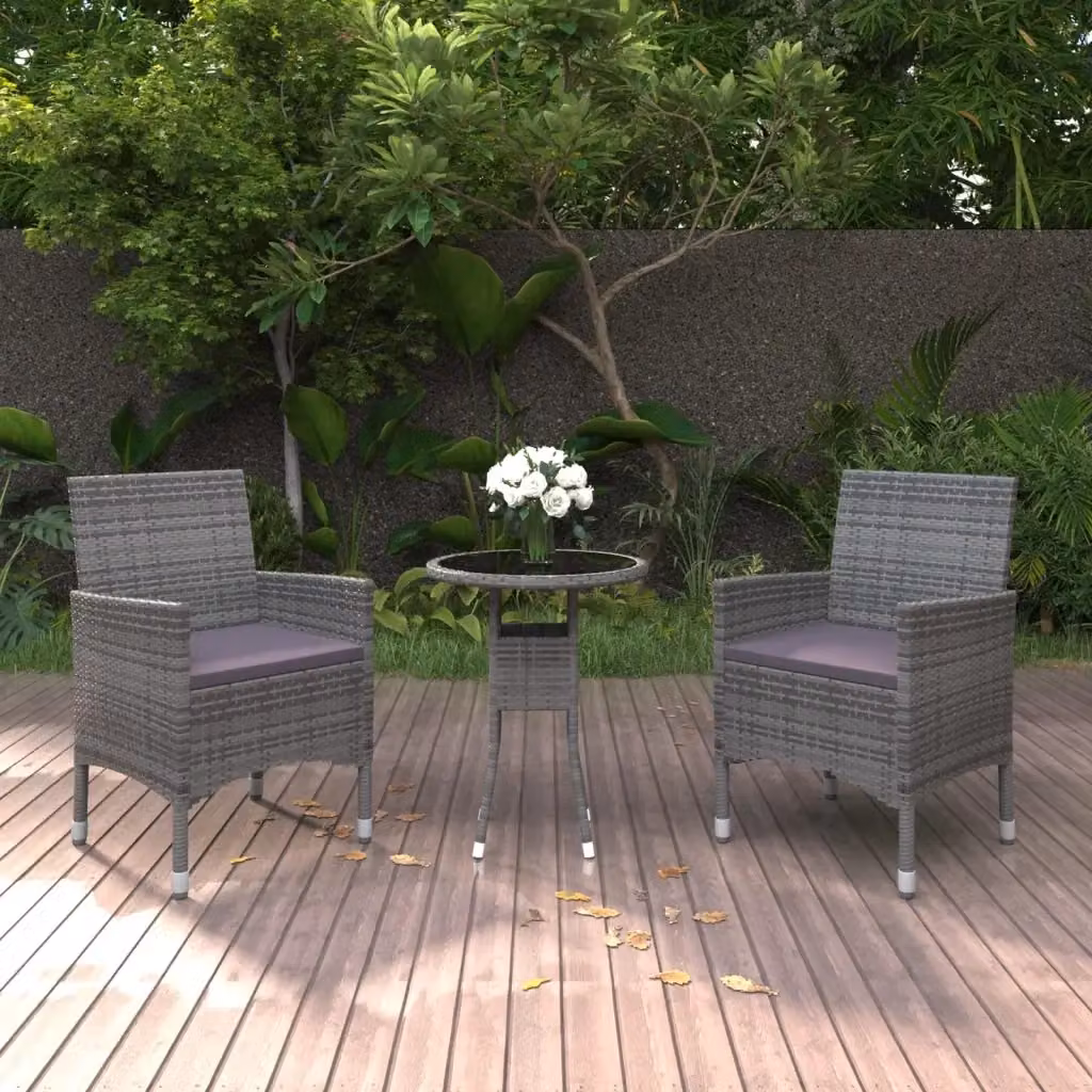 Set da Pranzo da Giardino Moderno in Polyrattan Grigio con Tavolo Rotondo in Vetro e 3 Sedute – 2