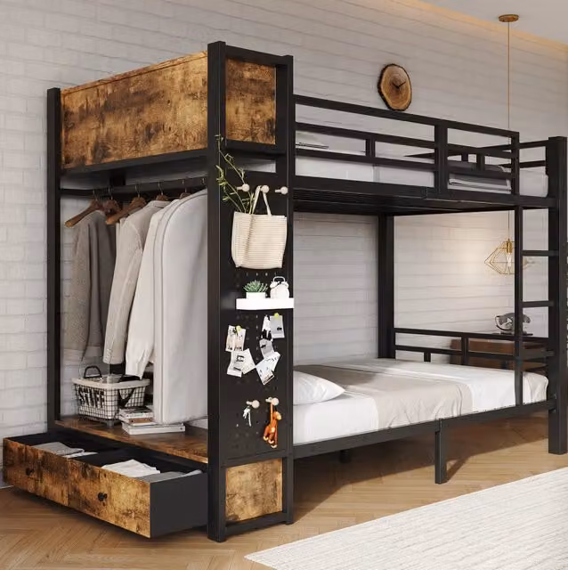 Letto a castello in metallo nero 120x200 cm con contenitore, asta appendiabiti, cassetto e pannello forato
