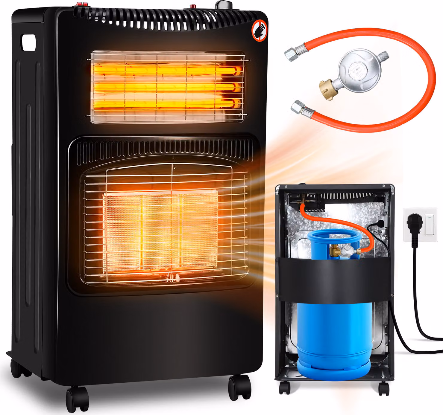 Riscaldatore a gas e elettrico Ikodm, 4200 W + 1200 W, 3 livelli di riscaldamento, riscaldamento a infrarossi, per gas liquido, colore nero