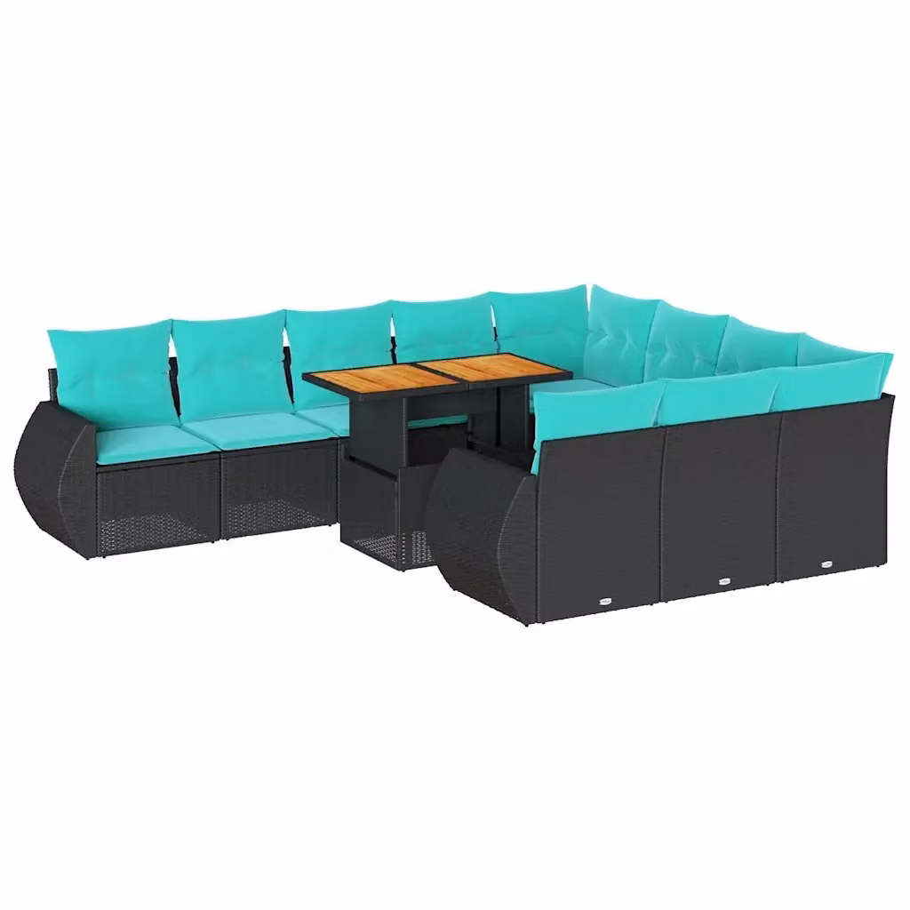 Set di divani da giardino vidaXL 11 pezzi in polyrattan nero con cuscini in legno di acacia oliato – 2