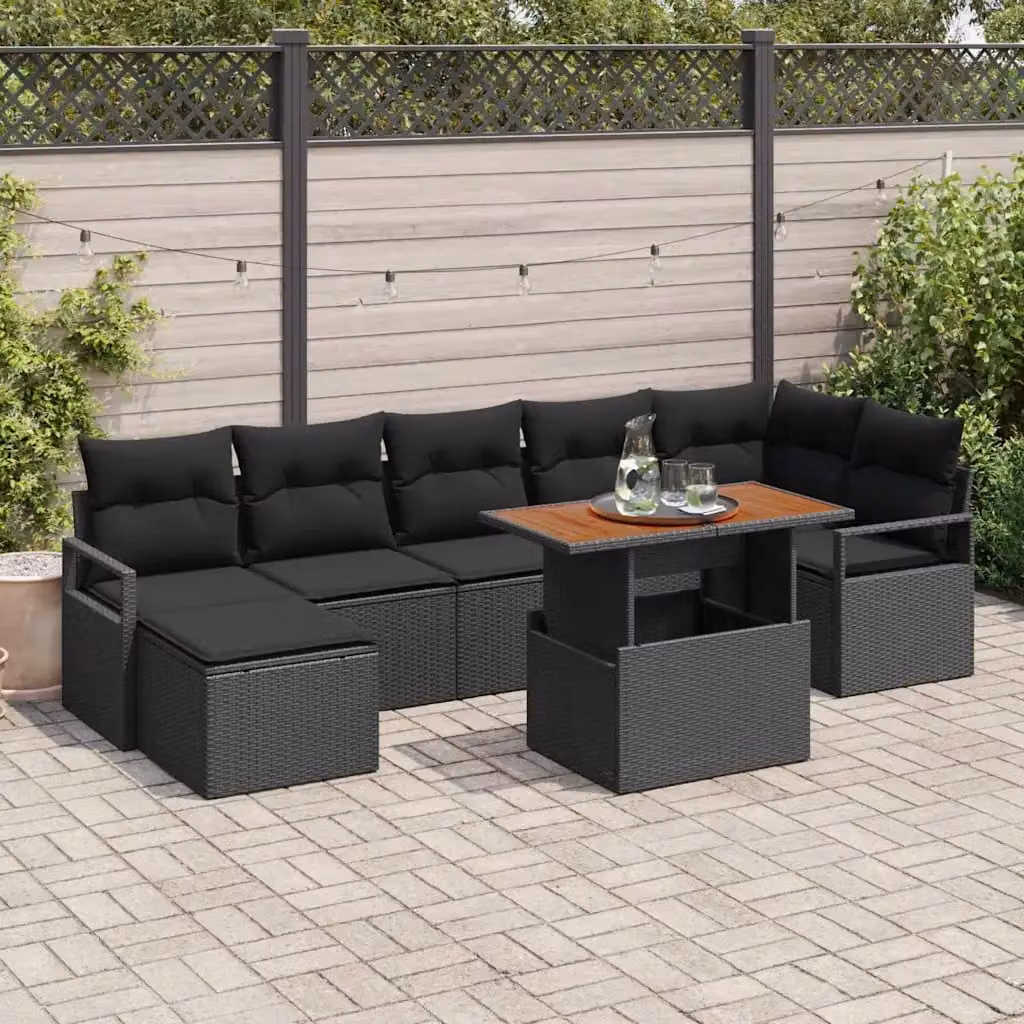 Set da pranzo da giardino vidaXL in rattan e legno di acacia con 8 pezzi, nero e marrone – 1