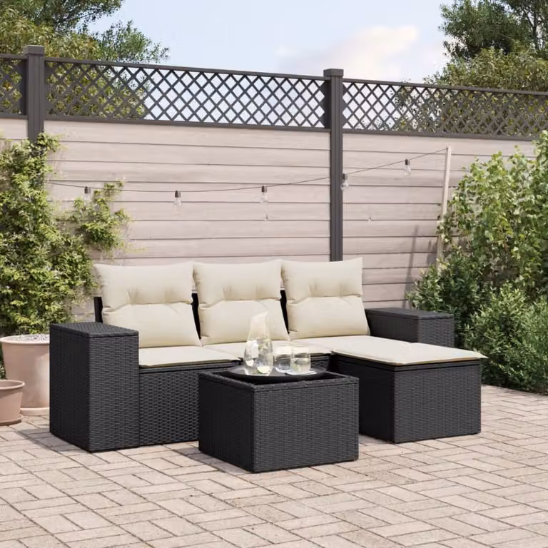 vidaXL Set Divani da Giardino a L 5 pz con Cuscini e Tavolino in Polyrattan Nero e Acciaio