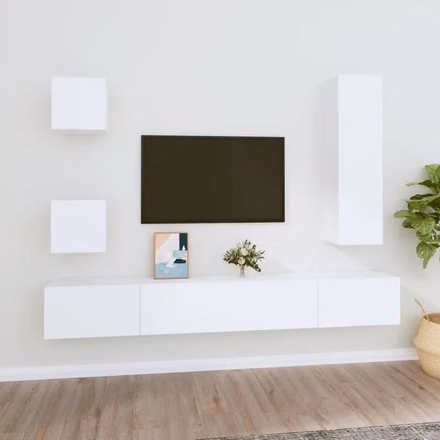 Set di mobili porta TV da soggiorno vidaXL in legno multistrato bianco stile classico con 5 pezzi a parete – 1