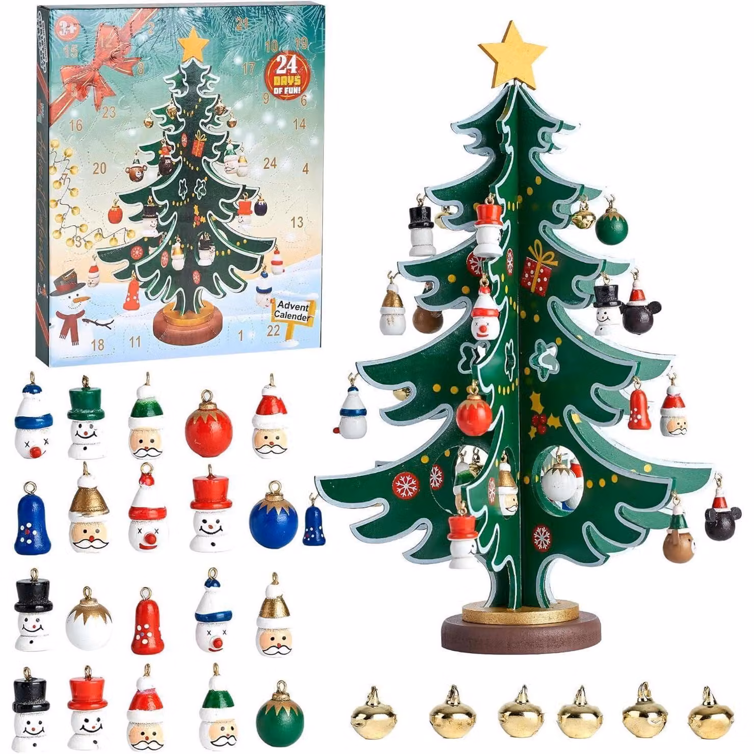 Calendario dell'Avvento per bambini, 24 giorni, in legno, con albero di Natale, 30 ornamenti in resina