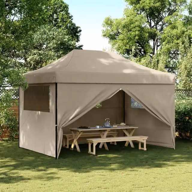 Tendone per feste pieghevole pop-up vidaXL con 4 pareti beige, nero e trasparente L/P/H: 410 x 315 x 279 cm