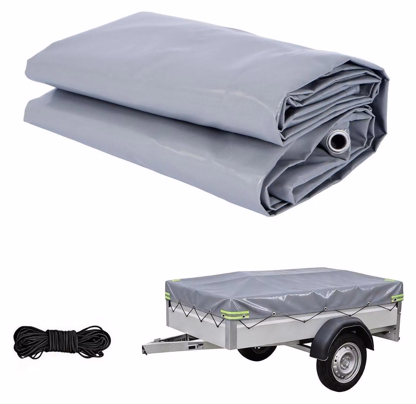 Telo per rimorchio, 258x136x10 cm, 500 g/m², PVC, colore grigio, con corda elastica e ganci