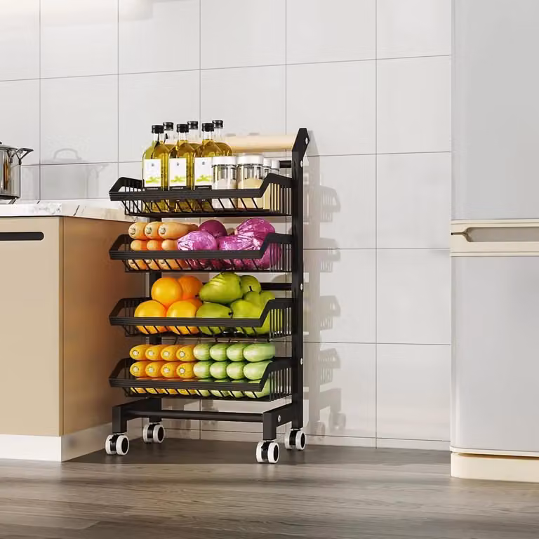 Scaffale portaoggetti da cucina - Scaffale estraibile - 4 ripiani - Telescopico 31–49 cm - Acciaio - Nero