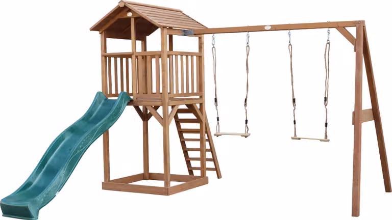 AXI Beach Tower parco giochi in legno in marrone | Torre di gioco per bambini con sabbiera, doppia altalena e scivolo verde | Casa per bambini su palafitte per il giardino
