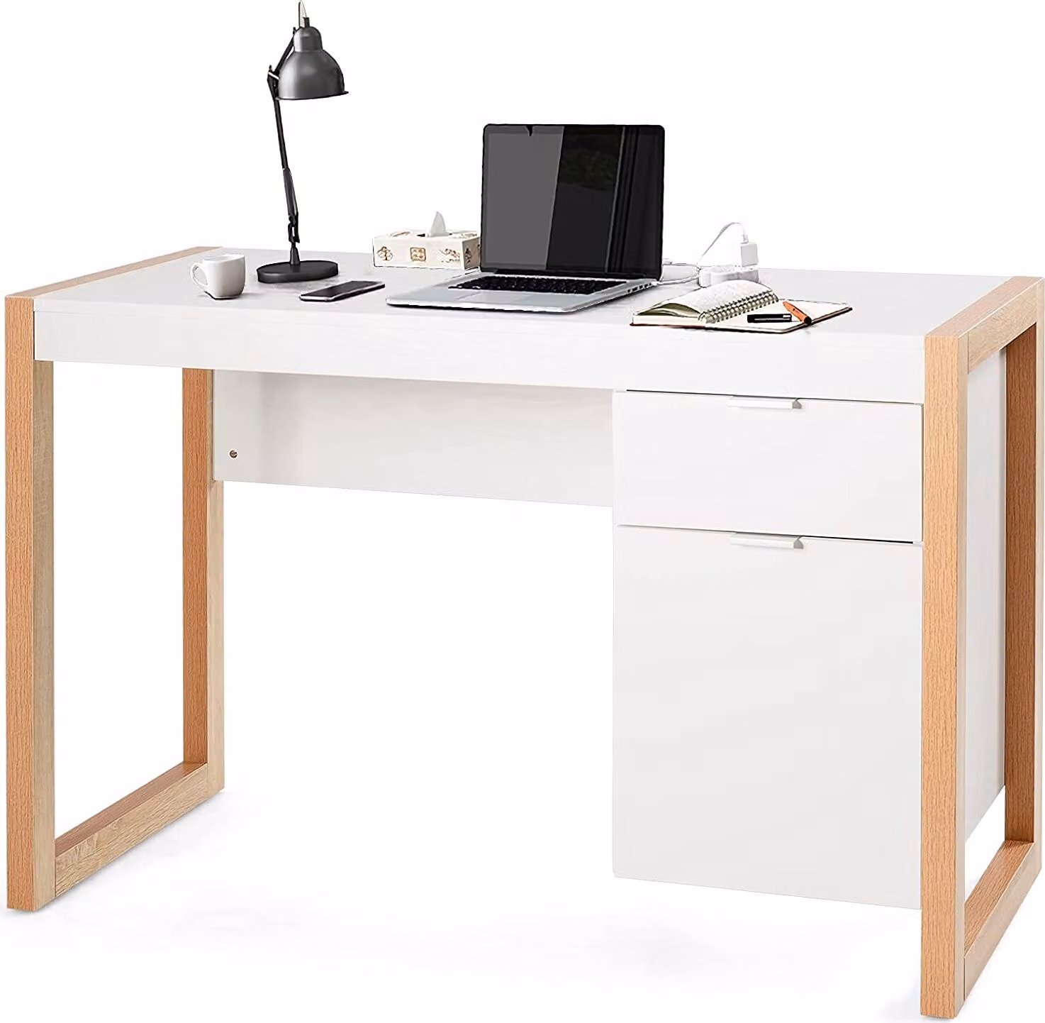 COSTWAY Scrivania con cassetti e armadietto, scrivania per computer con superficie di lavoro spessa, scrivania per ufficio, scrivania per studio in casa