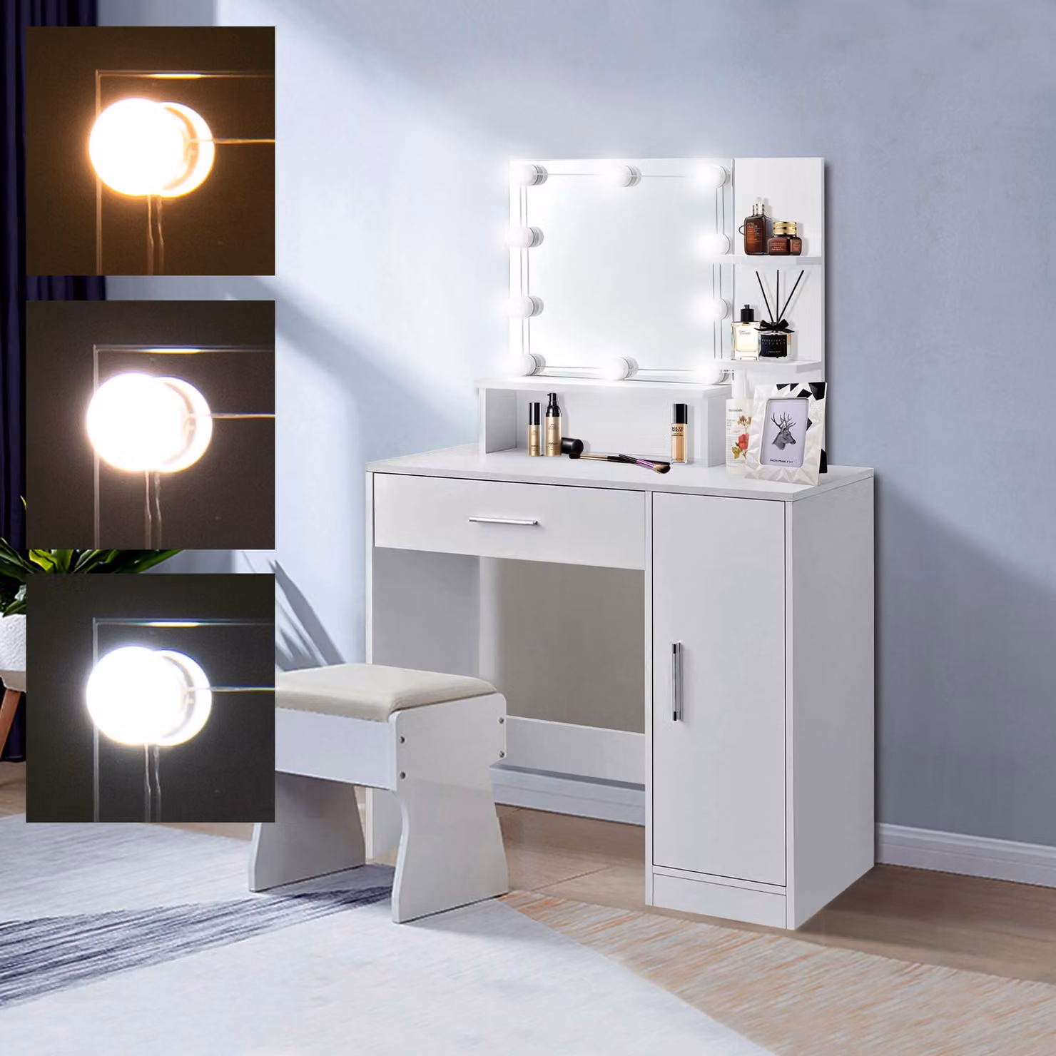 ML-Design tavolo da toilette bianco, tavolo da toilette con illuminazione a LED, specchio, 1 cassetto, 3 scomparti e armadietto, 90x38x137 cm, tavolo cosmetico in legno MDF