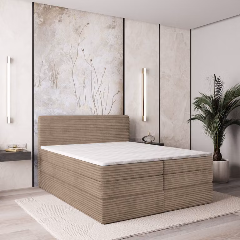 Letto a molle insacchettate Masseno LUNERA 140x200 cm completo di materasso e topper Bonell, letto imbottito con cassettiera -Beige, TILIA 17