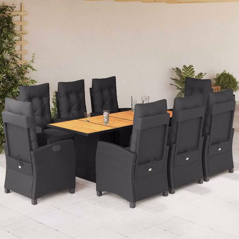 Set da pranzo da giardino vidaXL in polyrattan nero con cuscini e tavolo in legno di acacia per 9 persone