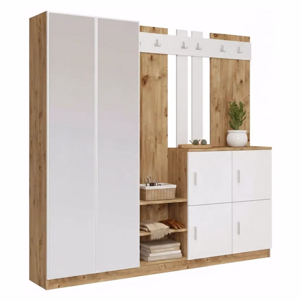 Mobile da ingresso Artin DMORA, composizione multifunzione con appendiabiti e portaoggetti, L: 187.2 cm, H: 180 cm, P: 37.5 cm, Quercia e Bianco – 2