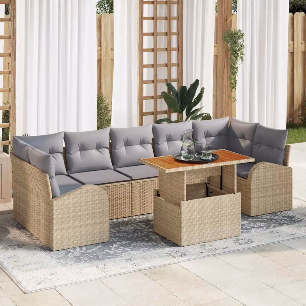 Set Divano da Giardino vidaXL in Polyrattan e Legno di Acacia, 8 Pezzi, Beige e Grigio