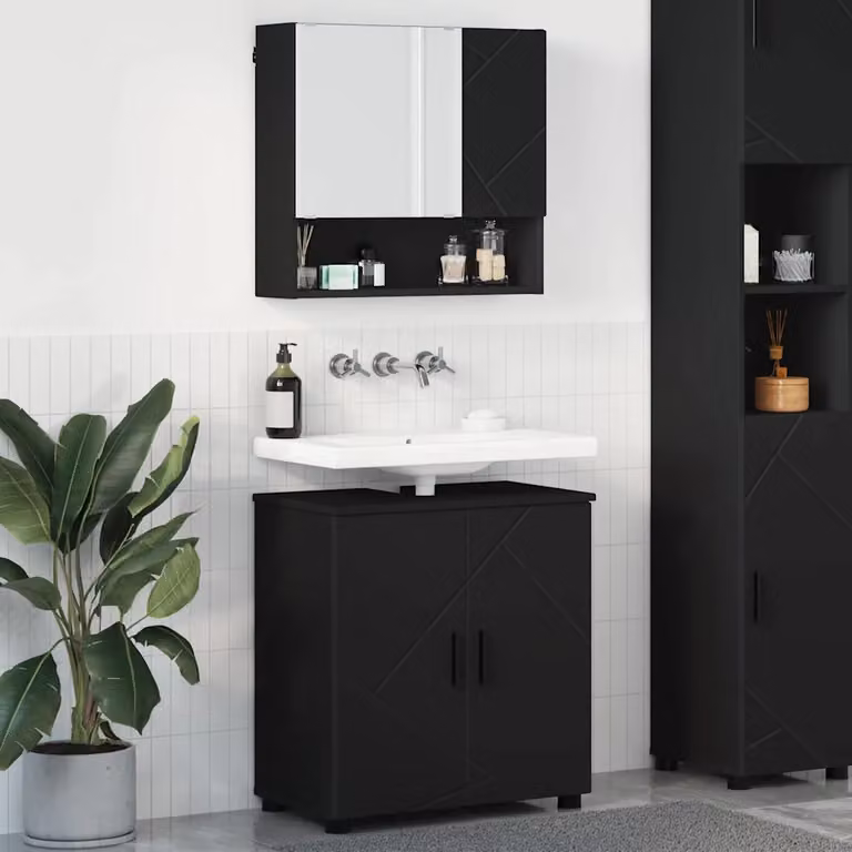 Set di mobili per il bagno vidaXL composto da mobile lavabo e armadietto con specchio, colore nero opaco, L/P/H: 61 x 35 x 64 cm