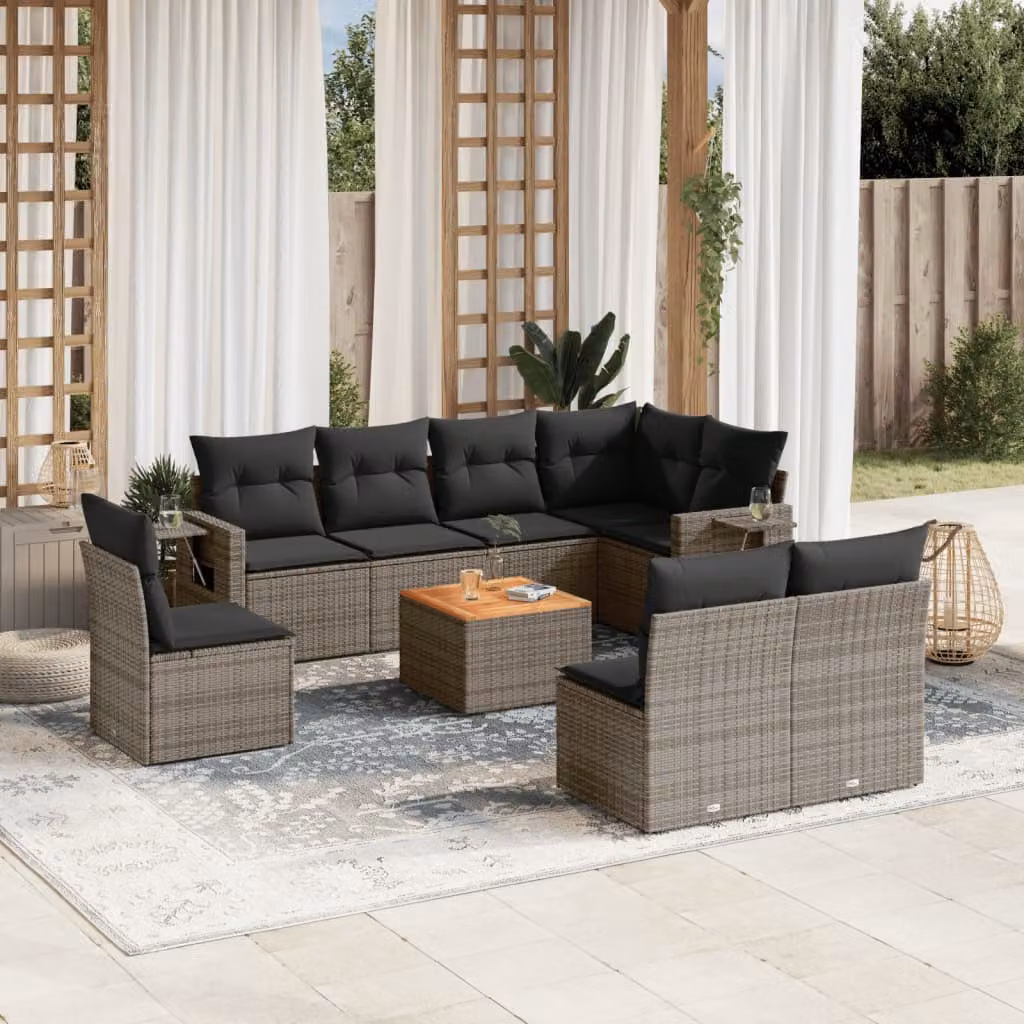 vidaXL Set Divano da Giardino 9 pz a L in Polyrattan Grigio con Cuscini e Tavolino – 1