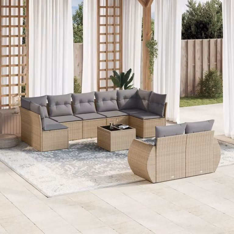Set Divano da Giardino vidaXL 10 pz con Cuscini Beige e Tavolino in Polyrattan e Metallo