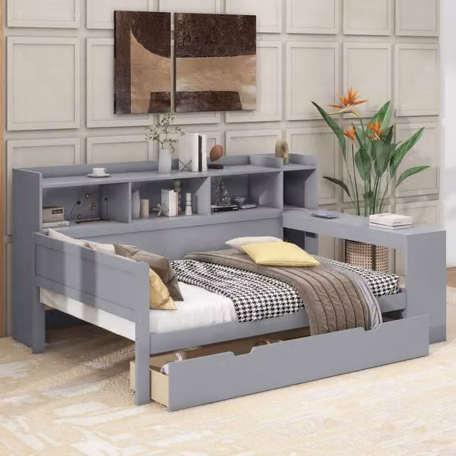 Letto singolo 90x200 cm con scrivania integrata; vani contenitore e presa USB; grigio