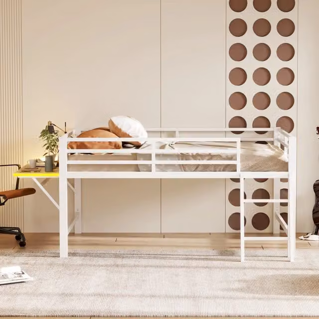 Letto a soppalco MIVRAY in metallo bianco con scrivania pieghevole, scala, parapetti e illuminazione LED multicolore, L/P/H: 200 x 140 x 245 cm