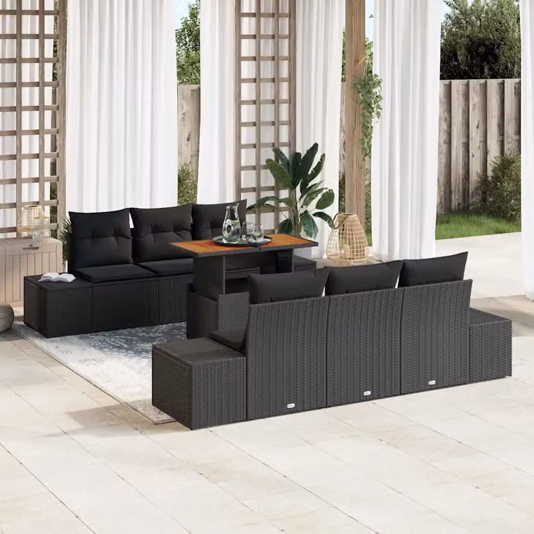 Set Divano da Giardino vidaXL 7 Pezzi in Polyrattan Nero con Cuscini e Contenitore per l'Archiviazione