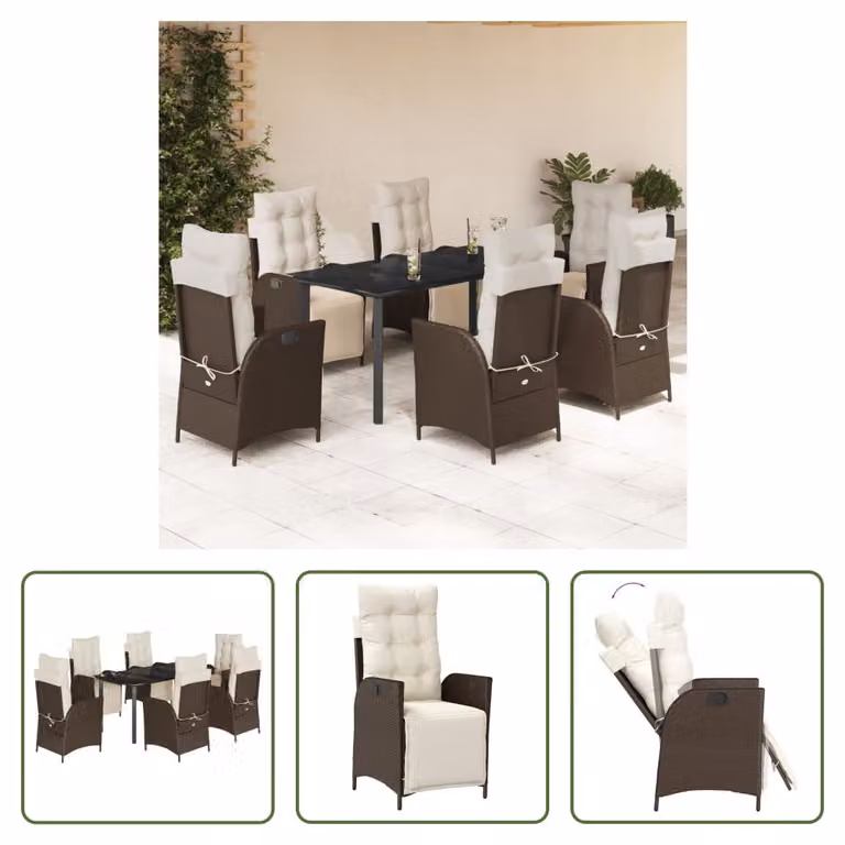 The Living Store Set da pranzo da giardino 7 pezzi con cuscini in polirattan marrone