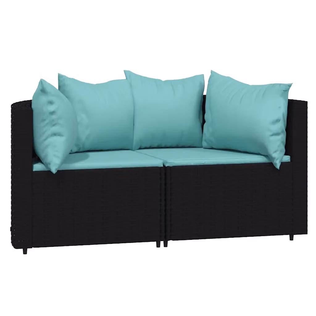 Set di divani angolari da giardino vidaXL in rattan nero con cuscini blu e struttura in acciaio verniciato a polvere – 2