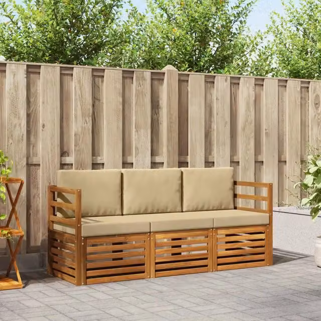 Set divani 3 pz Naturale e Beige Legno di Acacia Massello 3374273