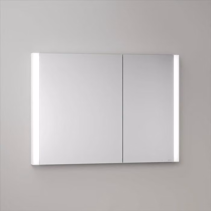 Mobile specchio a incasso LED Keuco Royal Metis, dimensioni 100 x 71 cm, con 2 ante asimmetriche, modello svizzero