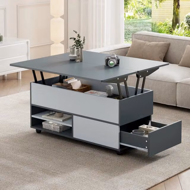 Tavolino basso sollevabile in truciolare con 1 cassetto 1 armadietto e vani su ruote grigio bianco 100 × 98 × 65 cm