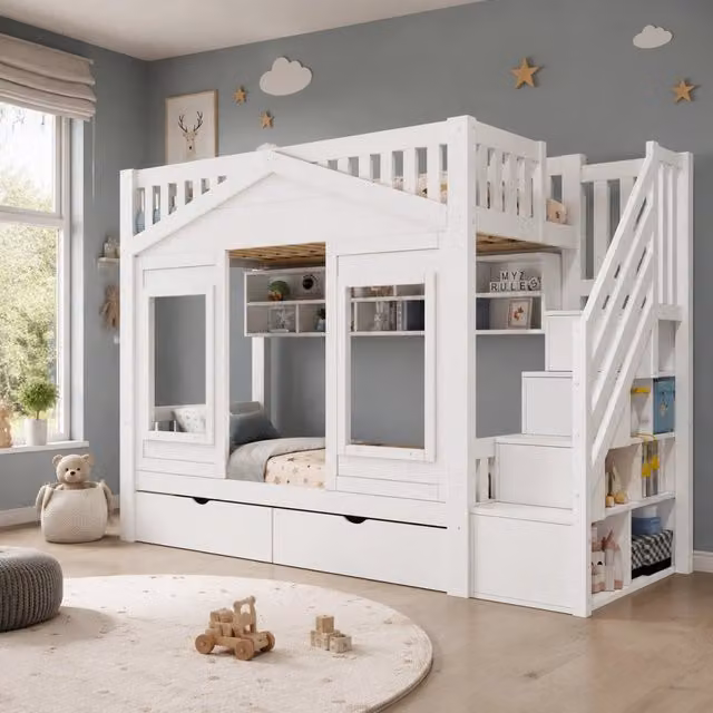 Letto a soppalco 90x200 cm con scala contenitore e cassetto in pino e MDF bianco