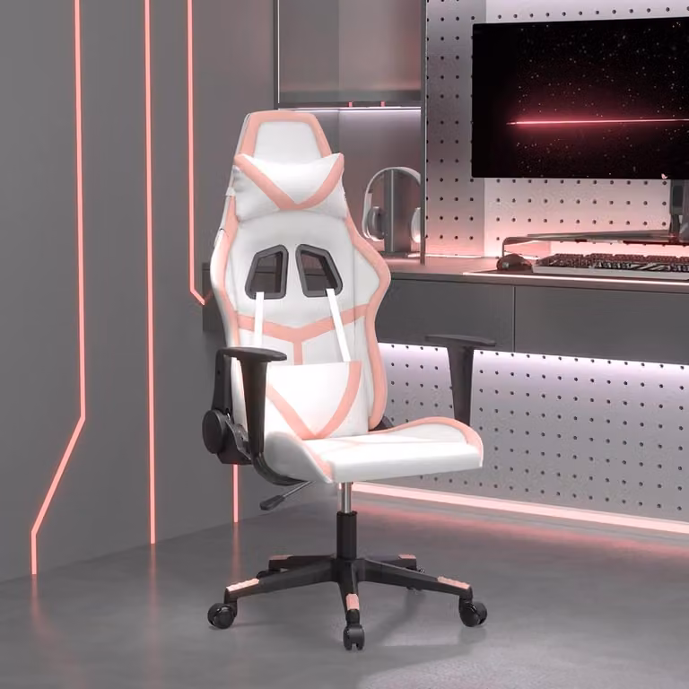 Sedia da Gaming vidaXL per Adulti in Similpelle Bianco e Rosa con Poggiatesta e Ruote
