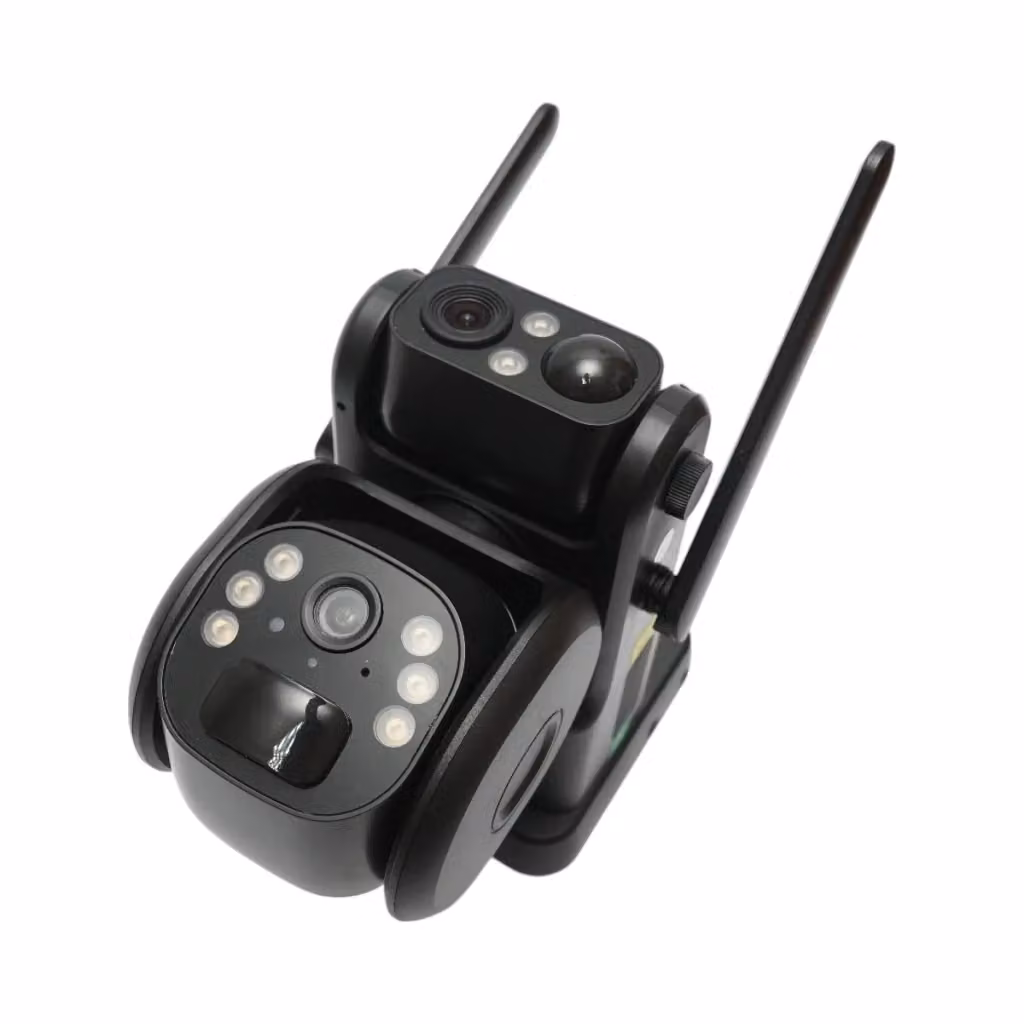 Telecamera di sorveglianza con doppia lente 6 MP, connessione 4G e Wi-Fi 2.4 GHz, alimentazione con pannello solare e batteria da 9.000 mAh, controllo PTZ, sensore di movimento con rilevamento umano PIR, visione notturna e gestione tramite applicazione Ub – 2
