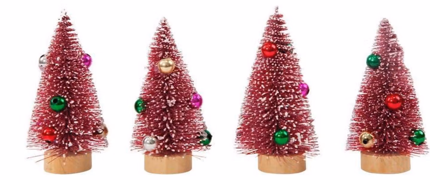 Set di 4 mini alberi di Natale artificiali, colore bordeaux, dimensioni 4,5 cm x 10,5 cm