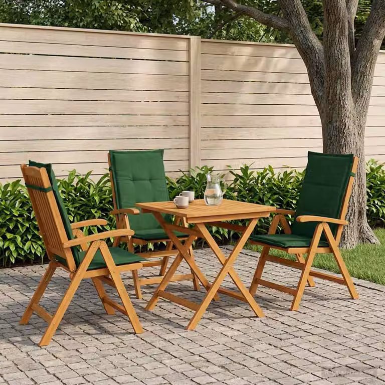 Set di 3 sedie da giardino reclinabili vidaXL in legno di acacia naturale con cuscini verdi e braccioli