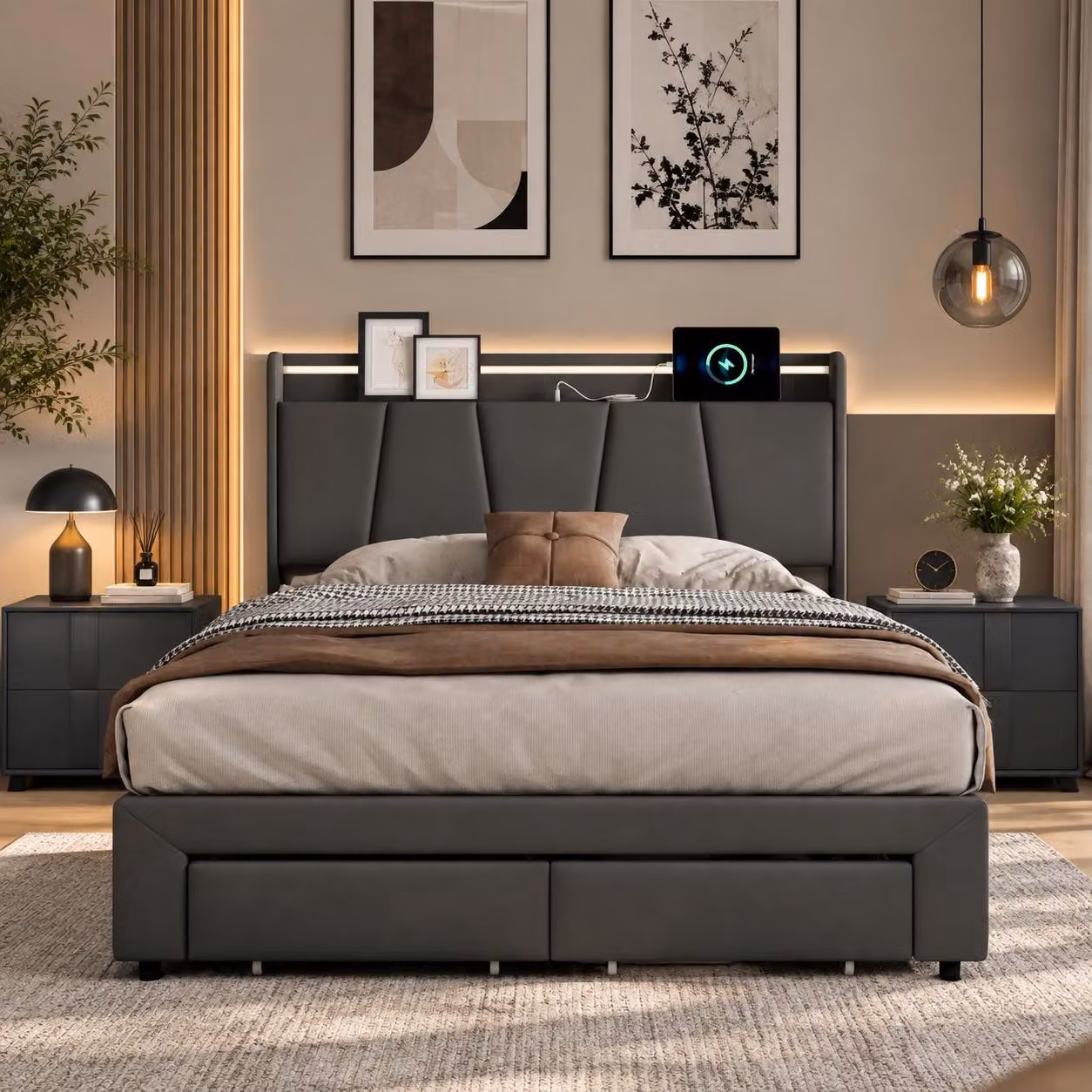 Letto imbottito idraulico INONEFT, 140x190 cm, con LED e USB, 2 cassetti, letto per ragazzi con testiera imbottita e spazio contenitivo, tessuto: lino, colore: grigio scuro