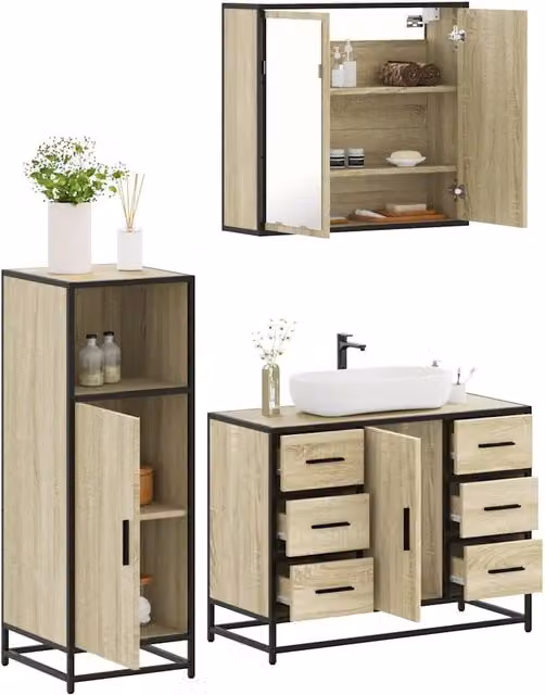Set Mobili da Bagno 3 Pezzi vidaXL in Stile Industrial, Colore Marrone e Beige, con Armadietto Specchio, Mobile Lavabo e Mobile Laterale in Legno e Metallo