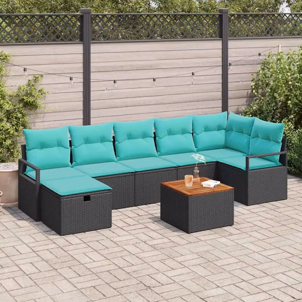 Set Divano da Giardino vidaXL 8 pz Moderno a Forma di L con Cuscini Turchesi e Struttura in Acciaio Nero