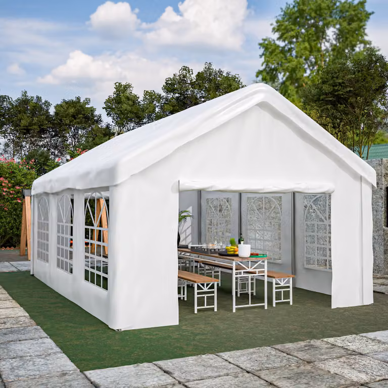 Tenda per feste 4x6 m, tendone da festa, gazebo da giardino con finestre, tendone da birreria bianco, impermeabile, protezione UV, tendone da festa in telone PE