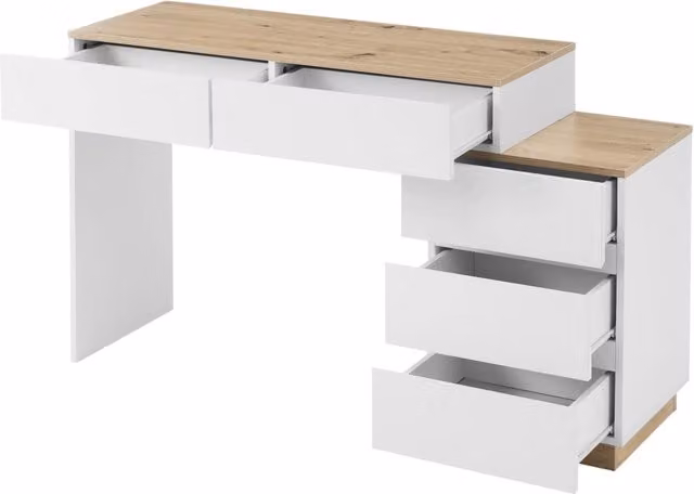 Scrivania con 5 cassetti 125x38;9x76 cm in truciolare; bianco e rovere