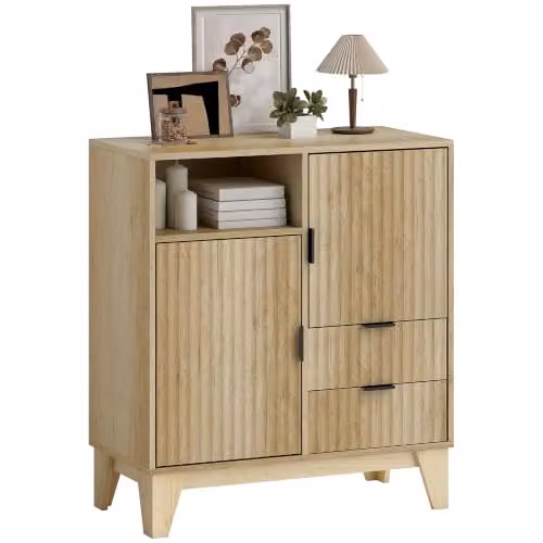 HOMCOM Buffet scanalato, 2 ante, 2 cassetti, 80x40x90cm, Legno naturale