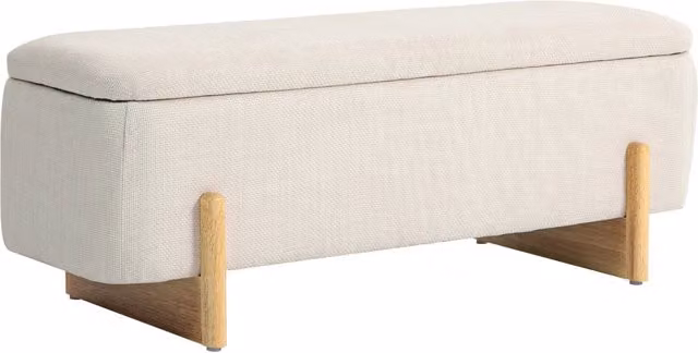 Panca contenitore, panca imbottita effetto lino, gambe in legno, panca da letto con cerniere di sicurezza per soggiorno, camera da letto, corridoio