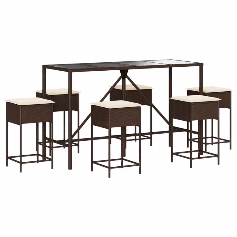 Set Bar da Giardino 7 pz con Cuscini in Polyrattan Marrone