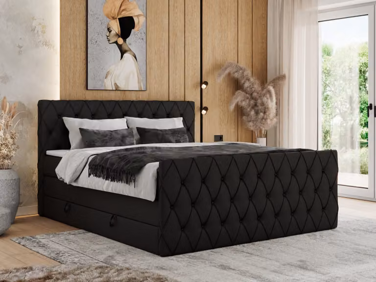 Letto boxspring MKS MEBLE 140 x 200 cm con contenitore, letto 140 x 200 cm con materasso H3, letto boxspring 140 x 200 cm con topper - Miren King Duo - Pelle finta nera - H3
