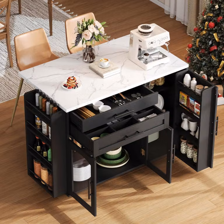 Isola da cucina con piano di lavoro pieghevole, 5 ruote, ante in vetro, cassetto, ripiano per spezie, ripiani regolabili, dimensioni 120x45(70)x90 cm, colore nero
